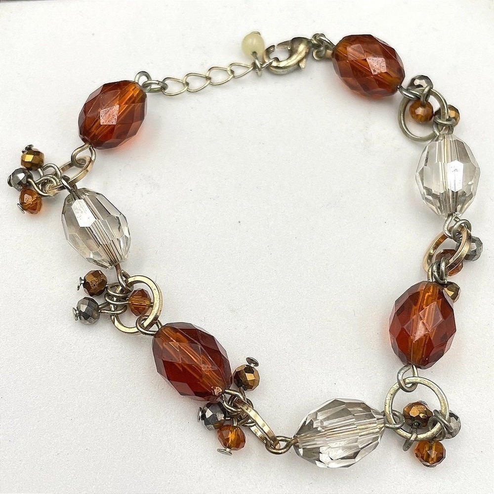 Vintage Fitty Silver-Tone Fashion Faceted Amber-Colored Beads Lobster Bracelet